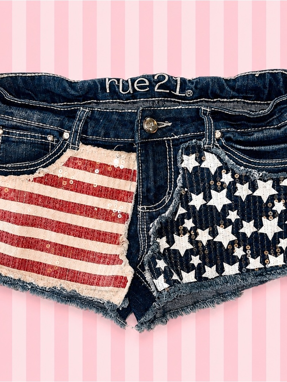 Rue21 Y2K American Flag Sequin Denim Micro Shorts 🇺🇸✨